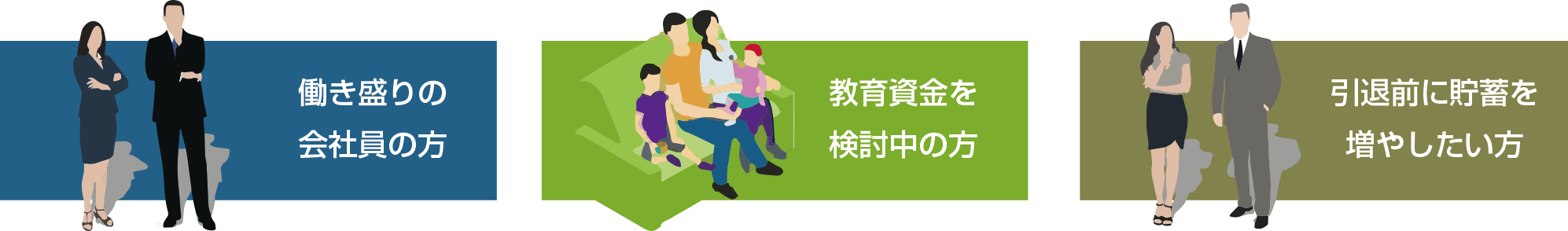 働き盛りの会社員の方、教育資金を検討中の方、引退前に貯蓄を増やしたい方